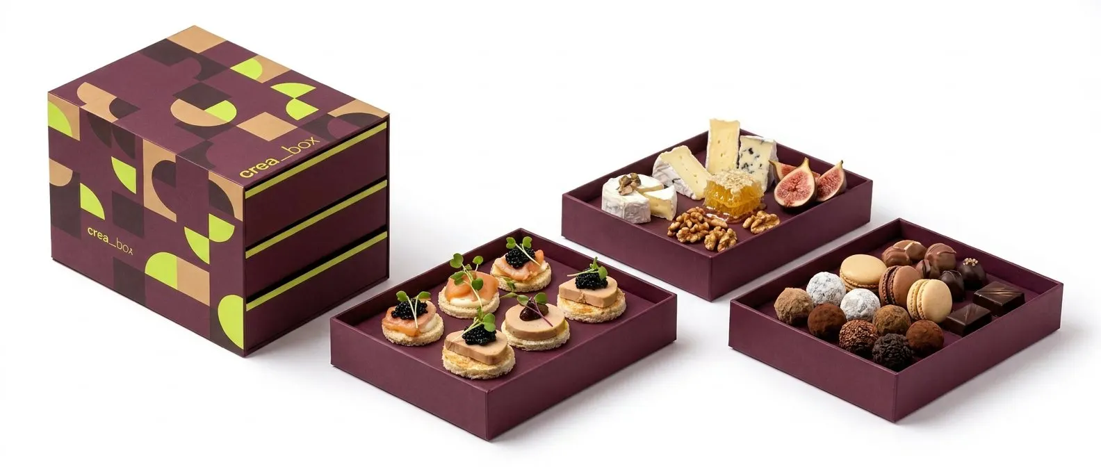 Box crea_box junto a tres bandejas de referencias saladas y dulces